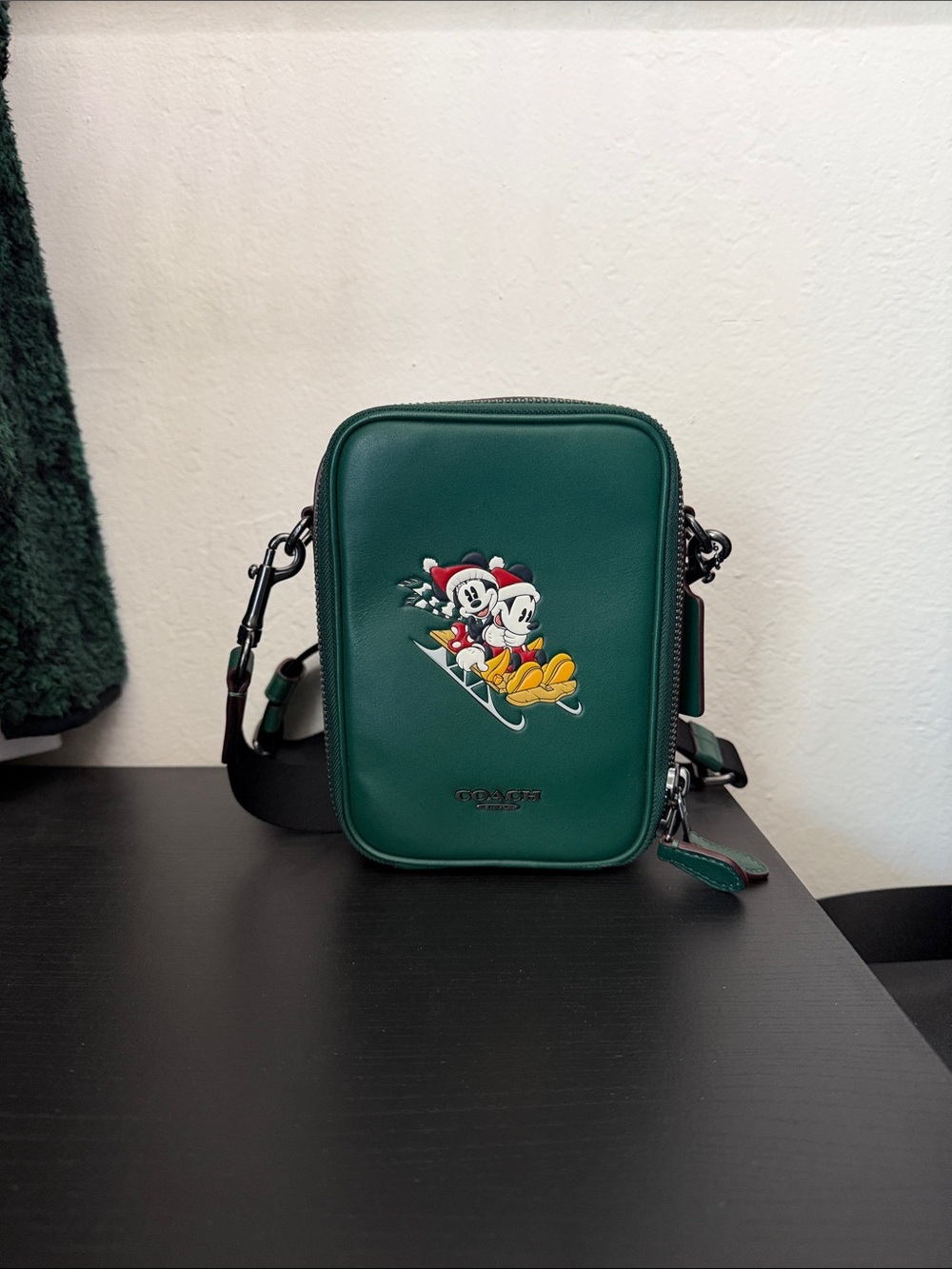 Coach Green Leather Crossbody with Mickey & Minnie Skiing Graphic